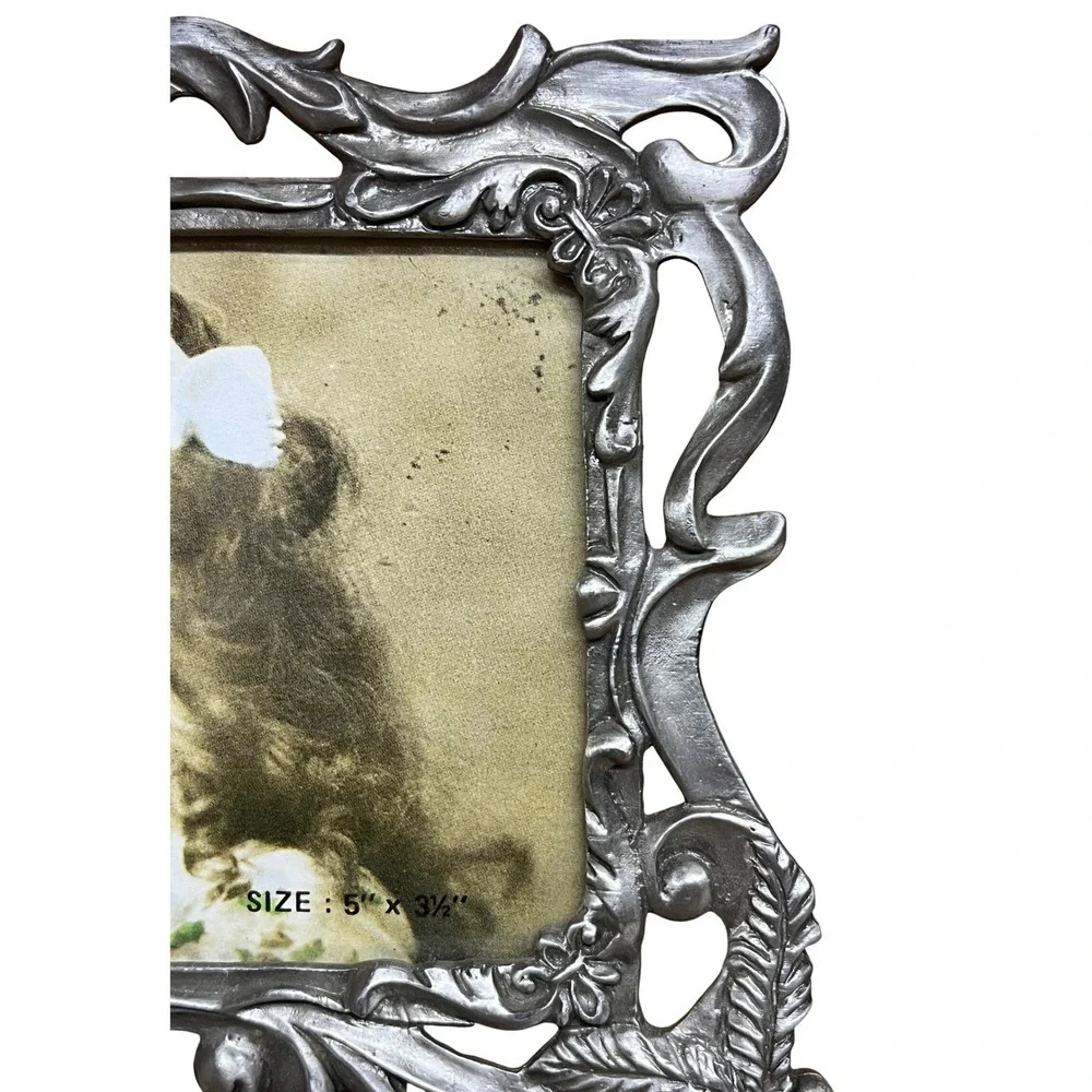 Vintage Ornate Angel‎ Cherub Photo Frame Pewter Silver Victorian Style Tabletop